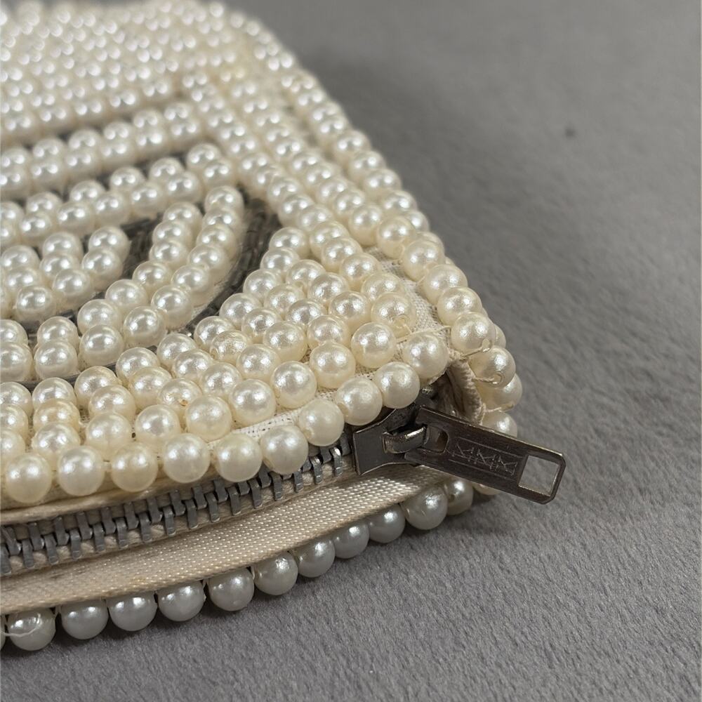 1960's Ivory & Grey Beaded Pearl Clutch Evening Hand Bag Purse Japan Vintage - Picture 6 of 13